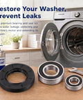 Top Tier Washer Bearing And Seal Replacement Kit with multi-purpose lubricant on a countertop next to washing machine parts.