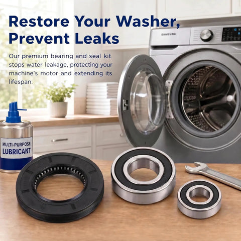 Top Tier Washer Bearing And Seal Replacement Kit with multi-purpose lubricant on a countertop next to washing machine parts.