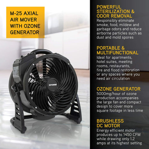 Xpower M-25 Ozone Air Neutralizing Fan With Powerful Axial Air Mover, Commercial Grade Sanitizer in black housing