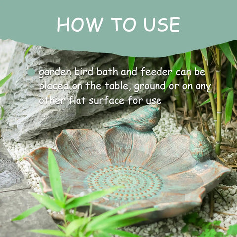 Antique Resin Bird Bath For Outdoors, Flower Shaped Garden Bird Bath With Vintage Bird Ornament, outdoor yard table decor