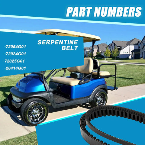 Durable Drive And Starter Belts Kit For EZGO Golf Carts 72054G01 26414G01 with blue golf cart and serpentine belt detail