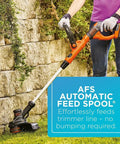 Person using 40V Max Cordless Sweeper And String Trimmer All In One with Battery and Charger showing AFS auto feed spool in action.