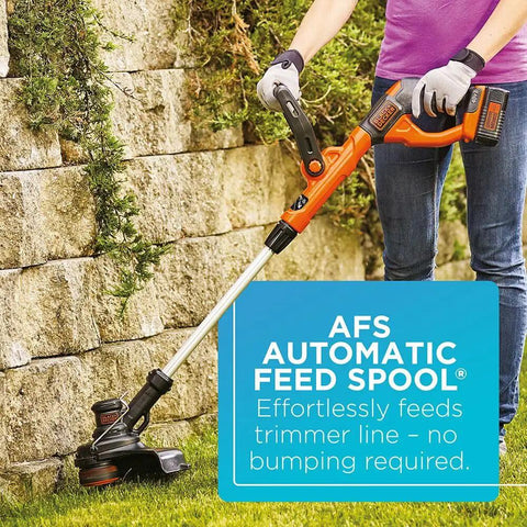 Person using 40V Max Cordless Sweeper And String Trimmer All In One with Battery and Charger showing AFS auto feed spool in action.