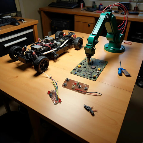 Workbench setup with RC vehicle, robotic arm, and circuit board, showcasing Two Pack Four Channel RC Transmitter And Receiver Set For 27MHz Remote Control Boards Built For Robot Models Drones And DIY Smart Vehicles With Easy Multi Channel Control And Rock Solid Performance.