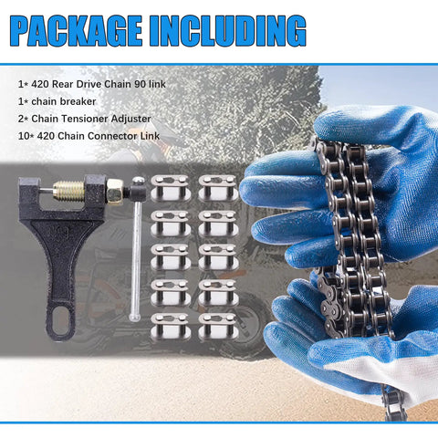 420 Rear Drive Chain 90 Link with Chain Breaker Tool for Mini Bikes Package Contents Display
