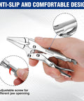 Hand holding Mini Long Nose Locking Pliers 4.5 Inch Chrome Vanadium Steel Locking Vise Grips For Clamping Twisting And Welding Projects.