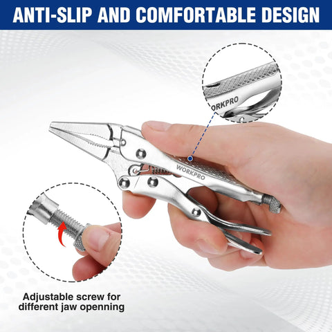 Hand holding Mini Long Nose Locking Pliers 4.5 Inch Chrome Vanadium Steel Locking Vise Grips For Clamping Twisting And Welding Projects.