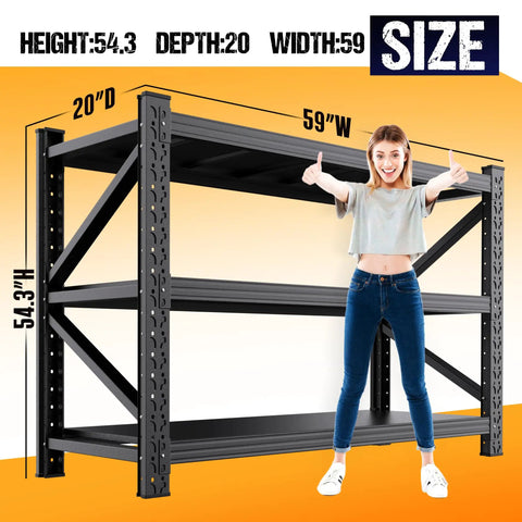 Tough As Nails Heavy Duty Metal Garage Shelving Unit With Adjustable Tiers and Reinforced Steel Frame dimensions shown, 54.3"H x 59"W x 20"D.