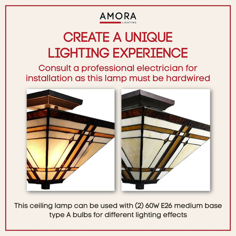Mission Style 14 Inch Ceiling Fixture Lamp Semi Flush Mount With Wide Stained Glass In Tan Brown Antique Vintage Look With Retro Vibe