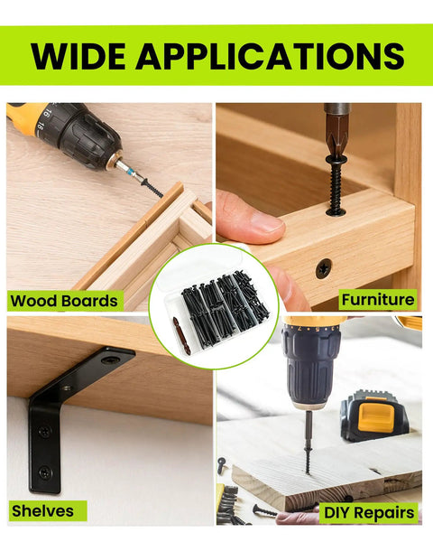 130pc Black Wood Screws Set With Long Phillips Flat Head Screws Carbon Steel Four Size Screw Kit 0.75 Inch 1.25 Inch 1.50 Inch 2 Inch Driver Included Built For DIY Woodworking Cabinets And Furniture Projects. in wood boards, furniture, shelves, DIY repairs