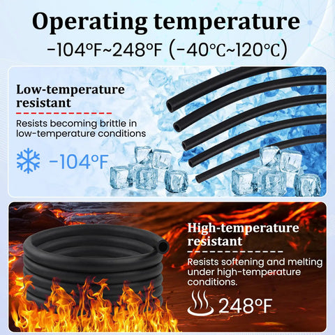 Universal Fuel Line Hose One Eighth To Five Sixteenths Inch Inner Diameter NBR Rubber Five Feet Durable Oil And Temperature Resistant For Kawasaki Kohler EZGO Small Diesel Engines Lawn Mowers ATVs Golf Carts Generators Outboards Snowblowers with operating temperature range.