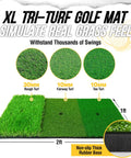 XL tri-turf golf mat with 30mm rough, 10mm fairway, 10mm tee turf; 2ft x 1ft size, thick non-slip rubber base surface