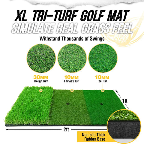 XL tri-turf golf mat with 30mm rough, 10mm fairway, 10mm tee turf; 2ft x 1ft size, thick non-slip rubber base surface