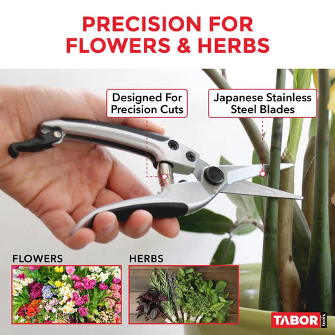 K18A Straight Pruning Shears Florist Scissors Multi Tasking Garden Snips in use on plant