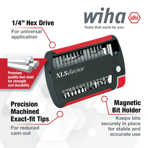 XLSelector 31 Piece Bit Set With Slotted Phillips Torx And Hex Bits, Magnetic Holder, shown in packaging with features highlighted