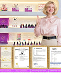 Pro Gel Polish Kit For Salon Use, 36 Color Set displayed with certificates, woman standing showing thumbs up