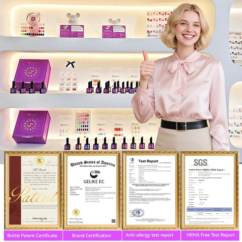 Pro Gel Polish Kit For Salon Use, 36 Color Set displayed with certificates, woman standing showing thumbs up