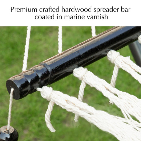 Close-up of premium hardwood spreader bar with rope ties on a Two Person Rope Hammock With Hardwood Spreader Bar For Indoor Outdoor Use