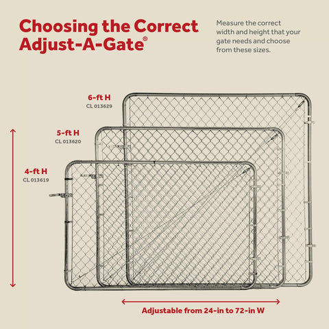 Adjustable Gate Kit For Chain Link Fence With Round Frame That Fits 24-72 Inch Openings And Up To 12 Feet, shown in three sizes.