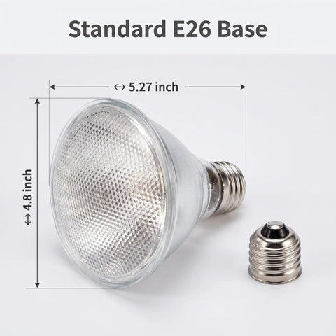 KOFEOPT 2-Pack PAR38 Flood Light Bulbs, 90W 120V Halogen Bulb Dimmable with E26 base, 5.27 x 4.8 inches, clear glass design.