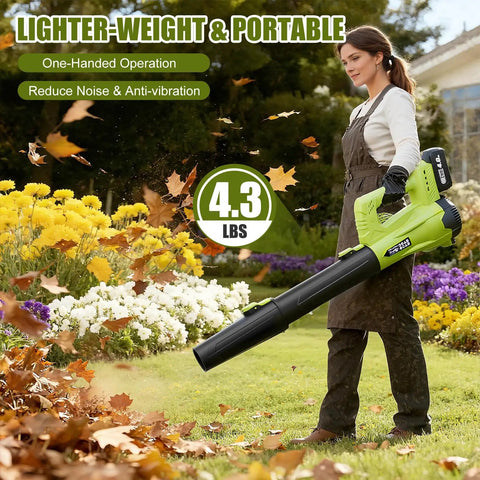 Woman using Cordless Leaf Blower With Dual 4Ah Batteries And Charger, lightweight handheld blower for garden care, 4.3 lbs