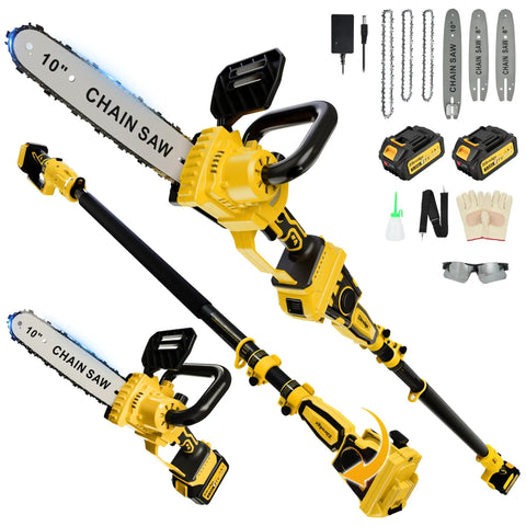 Versatile 4 In 1 Cordless Pole Saw And Mini Chainsaw with 10 inch bar, battery powered, extendable pole, accessories included