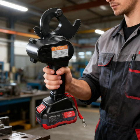 Technician holding a Cordless Ratcheting Cable Cutter With Comfort Grip Handle for Heavy Duty Electric Wire Cutting 1000 MCM Copper