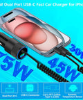 MFi Certified 75W USB C PD And QC Car Charger With 6Ft Coiled Cable For iPhone 17 shown charging phone