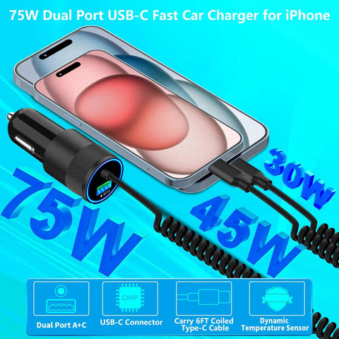 MFi Certified 75W USB C PD And QC Car Charger With 6Ft Coiled Cable For iPhone 17 shown charging phone