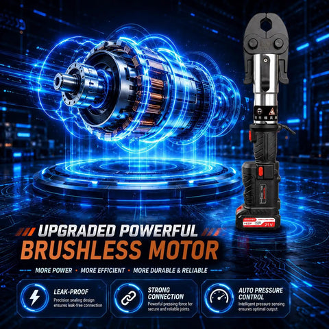 Heavy Duty 21V Cordless Pipe Crimping Tool With Brushless Motor And High Carbon Steel Build beside a digital display of a brushless motor.
