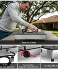 Man using Grillin Ready Portable Double Burner Propane Stove With Auto Ignition, 19,000 BTU Total, 9,500 BTU Each, outdoors
