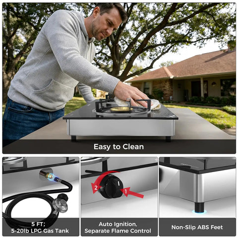 Man using Grillin Ready Portable Double Burner Propane Stove With Auto Ignition, 19,000 BTU Total, 9,500 BTU Each, outdoors