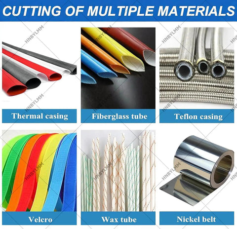 Fully Automatic Heat Shrink Tube Cutter Machine With Lcd Display 300W Electric Cable Cutting Tool Precision 0.1Mm Accuracy Wide 0-100mm Cutting Width For Pro Electrical Wiring Jobs And Heavy Duty Use, showcasing thermal, fiberglass, Teflon, Velcro, wax tubes, and nickel belt.