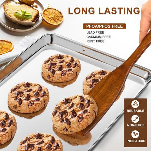 Heavy Duty Baking Sheet Set Of 3 For Home Bakers Commercial Grade Stainless Steel Cookie Sheets with cookies on nonstick surface