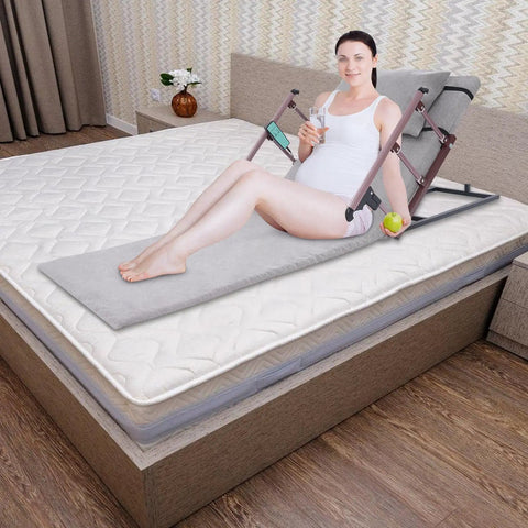 Heavy Duty Electric Lifting Bed Backrest With Guardrail, 2-80 Degree Adjustable Recline Support For Seniors And Patients, Removable Cushion, Sturdy Carbon Steel Frame, 661lbs Load Capacity, Gray in use with a pregnant woman on bed.