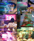 Aurora Projector Night Light With Bluetooth Speaker For Bedroom Vibes illuminating various scenes including bedroom, living room, party, and gifts.
