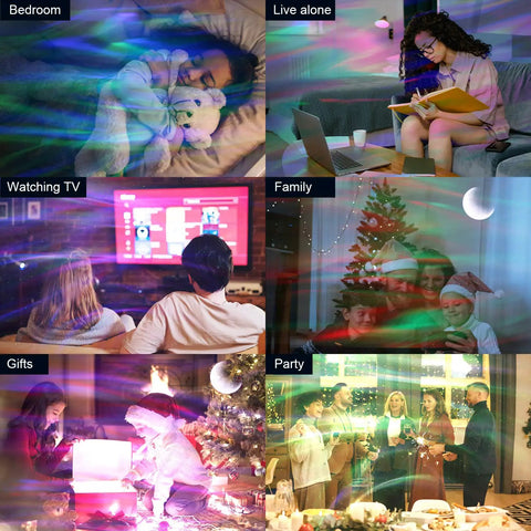Aurora Projector Night Light With Bluetooth Speaker For Bedroom Vibes illuminating various scenes including bedroom, living room, party, and gifts.