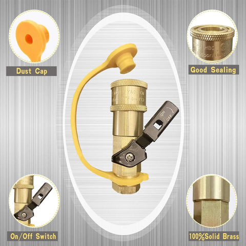 Front view of 7 Piece Propane Quick Connect Fittings Set For RV To Grill Hookups With shutoff valve and brass connectors.