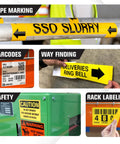 Transform Your Workspace Into A Full Setup Using This Heavy Duty Wide Format Thermal Label Printer To Knock Out Pro Level 4 To 9 Inch Signs All Week Long, showcasing various label applications including pipe marking and way finding.