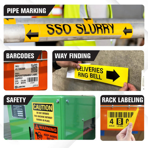 Transform Your Workspace Into A Full Setup Using This Heavy Duty Wide Format Thermal Label Printer To Knock Out Pro Level 4 To 9 Inch Signs All Week Long, showcasing various label applications including pipe marking and way finding.