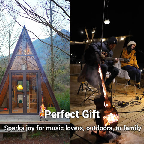 Portable Outdoor Guitar Style Fire Pit Brazier No Assembly Required Smokeless Wood Burning One Piece Stainless Steel Firepit With Carry Bag For Camping, Patio, Yard, Garden, Picnic And Bonfire Parties shown with cabin and guitar playing scene.