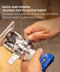 Rack-and-pinion adjustment of the Slick Action 20V Cordless Trim Router Featuring Micro Adjustment Dial and Dual Led Lights.