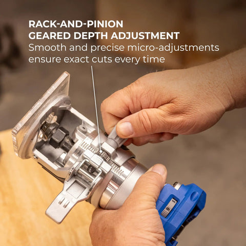 Rack-and-pinion adjustment of the Slick Action 20V Cordless Trim Router Featuring Micro Adjustment Dial and Dual Led Lights.