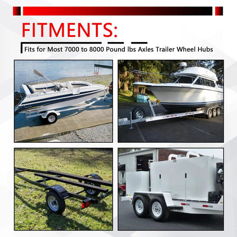 Collage showing various trailers that fit 7000 to 8000 lb axles using 2.72 Inch Trailer Hub Dust Cap 4 Pack Replacement For EZ Lube Camper Axle Universal Wheel Hub