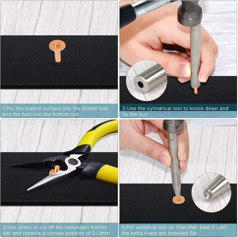 Step-by-step use of Copper Rivets And Burrs Kit, 20 Pieces In 14mm And 19mm, Includes 2 Punch Rivet Tools And Setter for leather crafting
