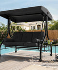 Three Seat Patio Swing With Adjustable Canopy And Stand by pool, black cushions, wooden deck, outdoor furniture, for adults up to 800 lbs