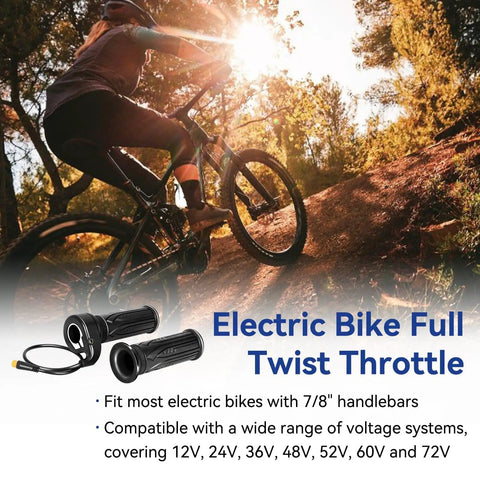 Universal 3 Pin Ebike Throttle Full Twist Grip Kit Plug And Play Easy Install For Electric Bike Scooter Bicycle Motorcycle 12V 36V 48V 72V Replacement Fits Folding Mountain Bikes with text overlay