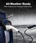 Snappy Plug And Play 16A Level 1 And 2 Electric Vehicle Charger With Chill Smart Lcd Display and Nema 6 20 To 5 15 Adapter in rain.