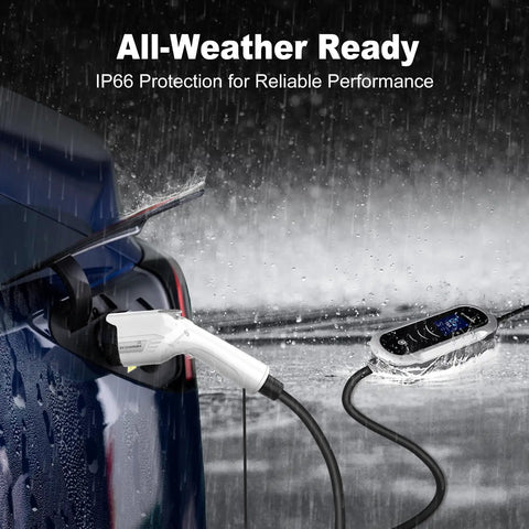 Snappy Plug And Play 16A Level 1 And 2 Electric Vehicle Charger With Chill Smart Lcd Display and Nema 6 20 To 5 15 Adapter in rain.