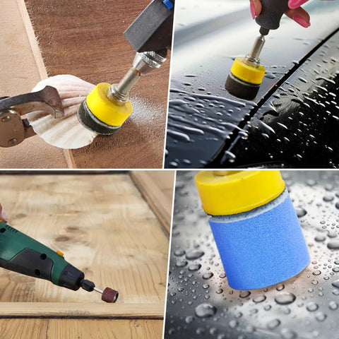 1 Inch Wet And Dry Sanding Discs Kit for Rotary Tools, showing use on wood, car surface, and drill with accessories